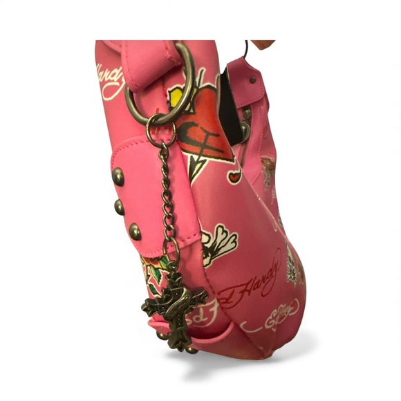 Ed Hardy Candy Pink Skulls Hearts & Roses Small Studded Hobo Shoulder bag charms - Picture 5 of 10